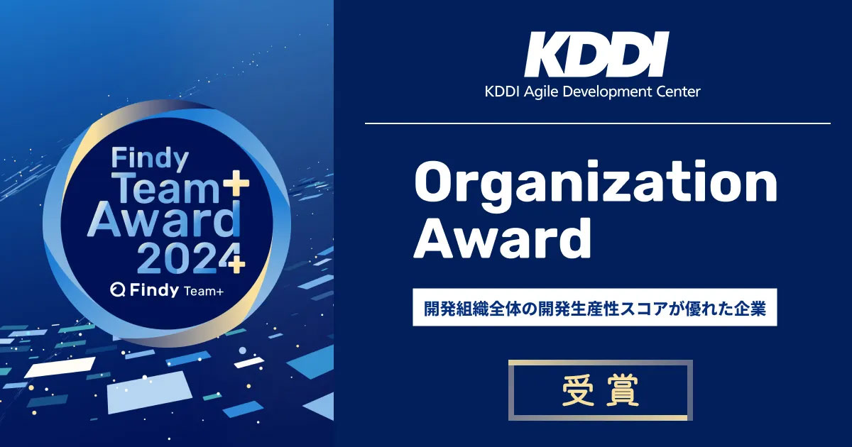 KDDIアジャイル開発センター株式会社が、ファインディ株式会社が主催する「Findy Team+ Award 2024」の「Organization Award」にて開発組織全体の開発生産性スコアが優れた企業として選出されたことを示す画像。